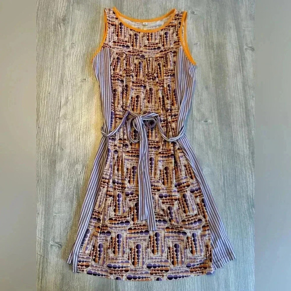 Uncle Frank Women's Size Small Dress Blue Multi Color Circles Artsy Belt Modern - Picture 5 of 10